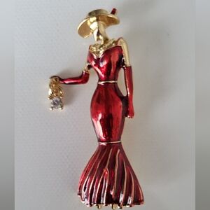 Beautiful Lady In Red Goldtone Fashion Brooch